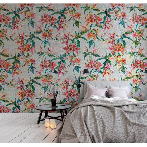Papier peint panoramique original pour bureau | Tapisserie panoramique design motif floral | Papier peint panoramique floral pour chambre - 270 x 400 cm (4 pièces) (1/5)