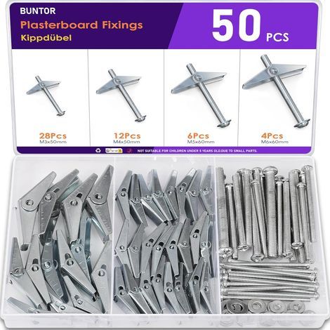 50 Pieces Plasterboard Fasteners, 4 Sizes Coil Spring Toggle Bolts, Hollow Wall Fixtures and Drywall Screws, M3/M4/M5/M6 for Plasterboard, Wall (1/5)