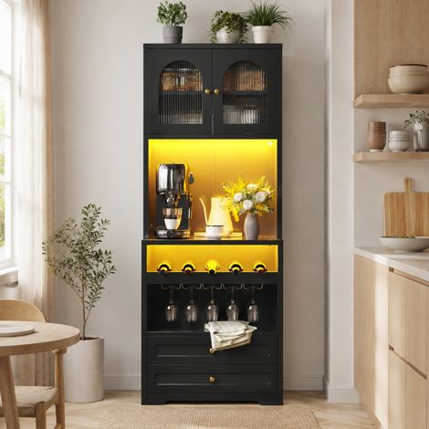 Aparador alto negro 70 x 40 x 180 cm con LED App, estantes regulables, USB DESVIAE (1/5)