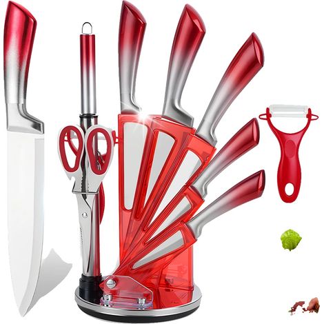 Juego de cuchillos de cocina con revestimiento antiadherente, incluye bloque para cuchillos, color rojo. (1/2)