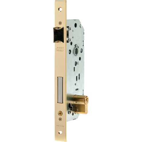 Serrure à encastrer pour portes bois, axe 60 mm, finition laiton, têtière ronde, pêne réversible (1/3)