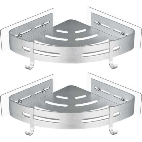 Étagère de douche d'angle en métal sans perçage, 2 pièces, avec 2 crochets de douche, support autocollant antirouille pour fournitures de salle de bain (argent) (1/4)