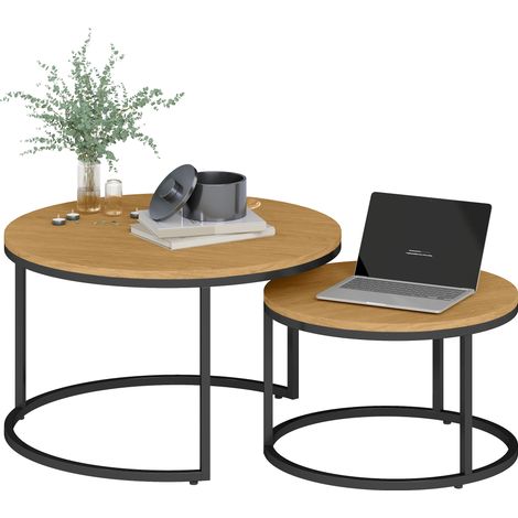 Lot de 2 tables basses gigognes empilables design plateau imitation ciment pieds métal marron