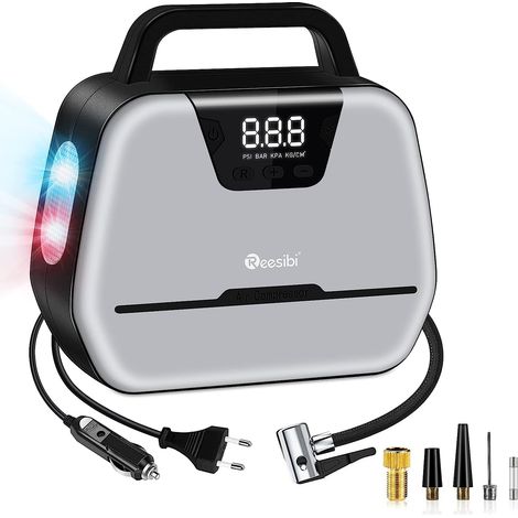 Gonfleur Pneus Voiture 12V 150PSI AC DC Double Alimentation, Mini Compresseur à Air Numérique pour Vélo Moto Balle, avec Lampe LED, Jeu d’Adaptateur, Buse, Câbles (1/5)