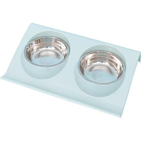 Doppelter Katzennapf aus Edelstahl – Großer, abgewinkelter, spritzwassergeschützter Napf – Blau