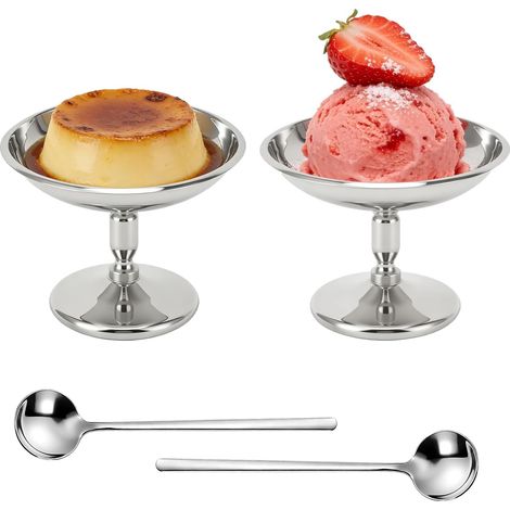 Set aus 2 Edelstahl-Eisschalen, 10 cm Durchmesser, mit Boden, für Eiscreme, Joghurt, Obstsalat und Pudding, ideal für Hochzeiten, Partys, Cafés und Restaurants (1/5)