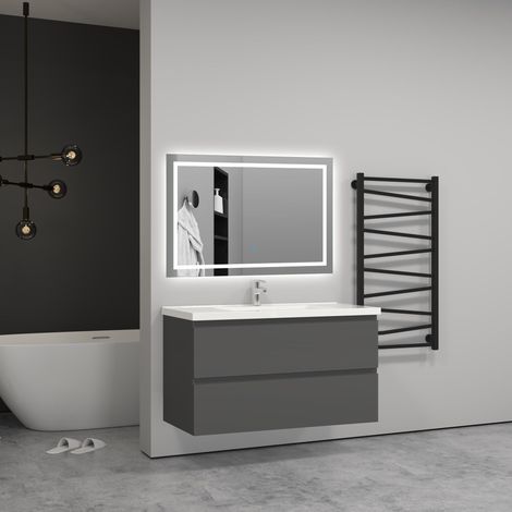 Aica Sanitaire – Meuble salle de bain anthracite 99(L)x44.5(P)x52(H)cm – 2 tiroirs à fermeture amortie – Vasque à suspendre en MDF