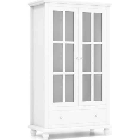 COSTWAY Bücherschrank, Vitrinenschrank mit Türen aus gehärtetem Glas, verstellbarem Regal & Schublade, Büroschrank, Aktenschrank für Heimbüro und Wohnzimmer, 80 x 40 x 139 cm, Weiß (1/5)