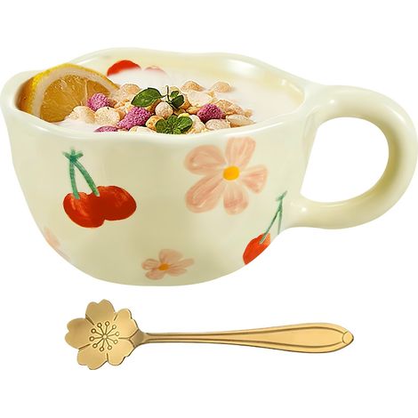 Mug en céramique à motif floral, mug à café, mug mignon, avec cuillère, mug esthétique et créatif. (1/5)