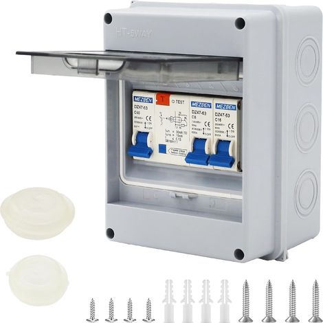 Boîte à fusibles en saillie 2 voies 40 A 30 mA RCD 2 MCB (1P6A + 1P16A) pour caravanes, garages et ateliers (2 voies) (1/5)