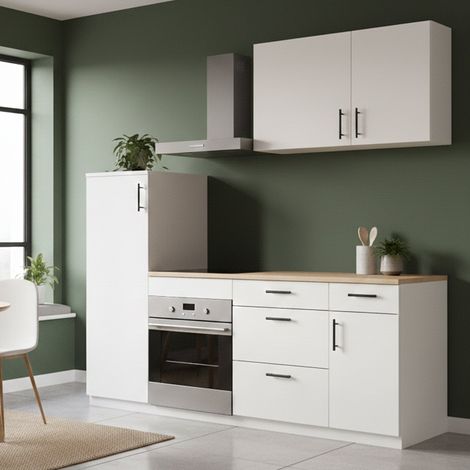 Dmora - Cucina completa Althenis, Composizione cucina moderna, Set cucina componibile, Soluzione cucina funzionale, Bianco e Rovere