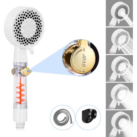 ZMH Pommeau de Douche ronde avec Bouton Stop - Blanc avec 5 jets à haute pression augmentant l'économie d'eau Douche à main avec 1,5 m de tuyau - Handheld Shower avec bouton de réglage du débit d'eau (1/5)