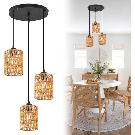Suspension Luminaire à 3 Lumières, Rotin Lampe Suspendue Boho avec Douille E27 Lustre en Tissé Réglable Lustre Bohèmes pour Salle à Manger, Chambre à Coucher, Couloir, Ampoule Non Incluse, Noir (1/5)