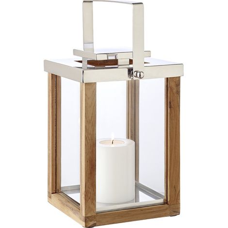 Lanterne Photophore en Bois et Acier Inoxydable Nickelé avec Poignée Pliable, Hauteur 45,5 cm - PANGIVO (1/5)