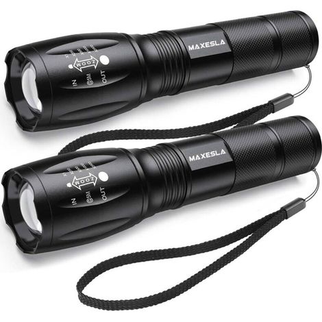 Torcia LED ultra luminosa, 2000 lumen, luce tattica impermeabile IP65, zoomabile, 5 modalità di illuminazione, antiurto, antiscivolo, per campeggio, escursionismo, emergenze, 2 pezzi [Classe energetic