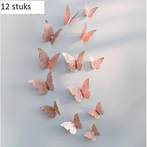 Stickers muraux 3D papillons - Or rose - 12 pièces - Différentes tailles - Décoration murale