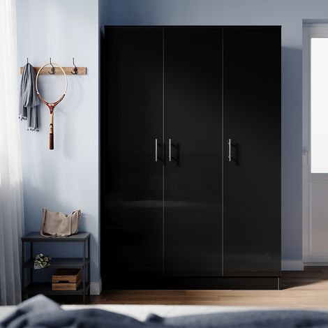 ELEGANT Wardrobe Triple Door Black High Gloss Bedroom Closet Storage Furniture and Shelves Metal Handles Hanging Rail 1200 x 500 x 1800 mm (1/5)