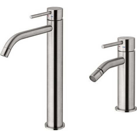 Hohes Waschbecken- und Bidet-Mischbatterie-Set ohne Ablaufgarnitur in Stahloptik Paffoni Light KITLIG4ST