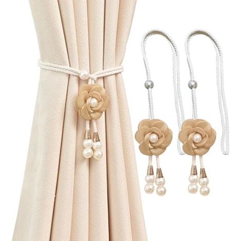 Fermacravatte per tende bohémien fatti a mano con camelie, ganci a forma di fiore intrecciati, corda per finestra da camera da letto (colore caffè) (1/4)