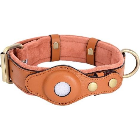 Brown leather dog collar with integrated AirTag slot – suitable for small and medium breeds, tracker-free, stylish and secure design (1/3)