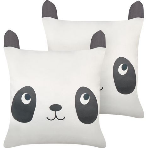 Conjunto de 2 cojines decorativos para habitación infantil motivo panda con orejas funda de algodón blanco y negro Pandapaw (1/5)