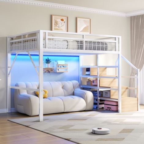 Modernluxe - Lit mezzanine 140 x 200 cm - Structure en fer - Éclairage LED - Escalier - Blanc (matelas non inclus) (1/5)