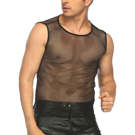 Débardeur en résille transparente sans manches pour homme, coupe ajustée, chemise de sport respirante pour salle de sport, club, vêtements d'été, couleur noire, tailles M à 3XL (1/5)