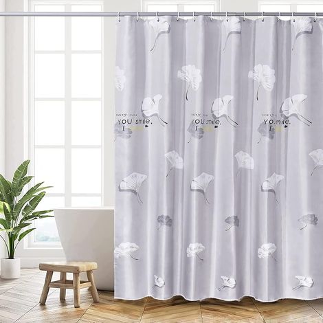 JSSEVN - Shower Curtain, 180x200 cm, Grey Ginkgo Leaf Pattern, Machine Washable Polyester Shower Curtain with Weighted Bottom Hem and 12 Hooks, Bathroom Bathtub Curtain (1/5)