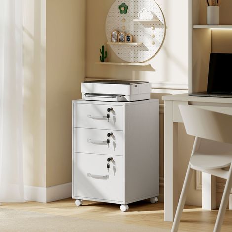 Caisson Bureau Mobile 3 Tiroirs Verrouillables, Rangement Roulettes, 40 x 40 x 69,5 cm, Blanc (1/5)