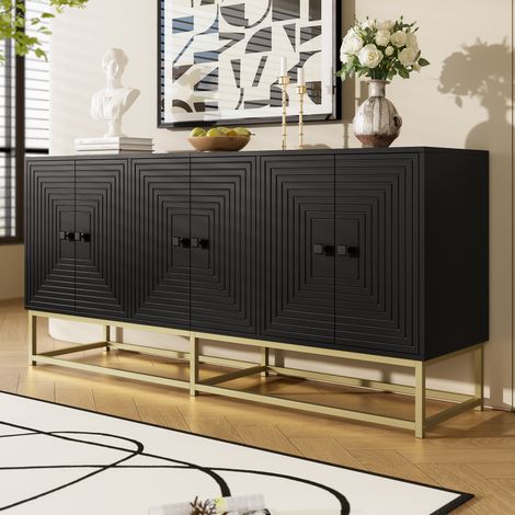 Credenza nera 160cm, 3 ante doppie, contenitore in truciolare, nero opaco, gambe in metallo dorato (1/5)