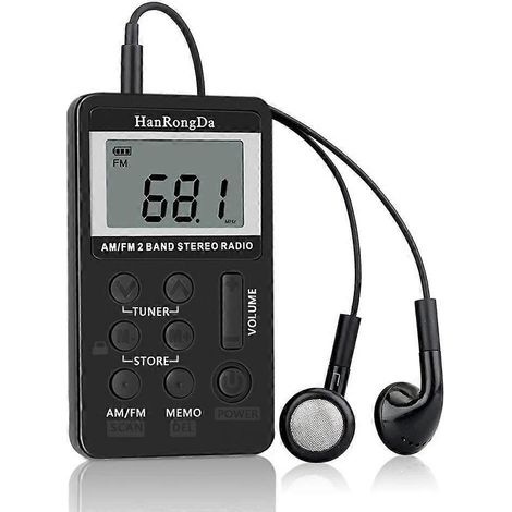 AM/FM-Digitalradio, 2-Band-Stereo-Empfänger, tragbares Mini-Radio mit Kopfhörern, 1,5-Zoll-LCD-Bildschirm, HanRongDa HRD-103 – Schwarz