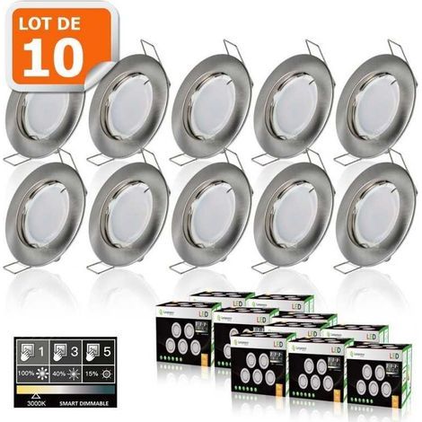 10 Spots led 3-step dimmable sans variateur 7w eq.56w blanc chaud finition alu brossé (1/5)