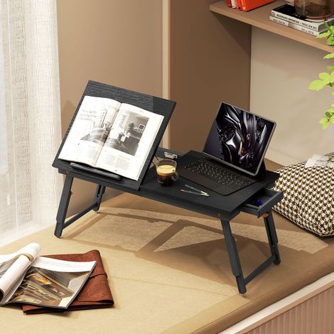 plateau de lit pour ordinateur portable en bambou plateau inclinable 83,5x33x34cm noir, Table de lit pliable et réglable