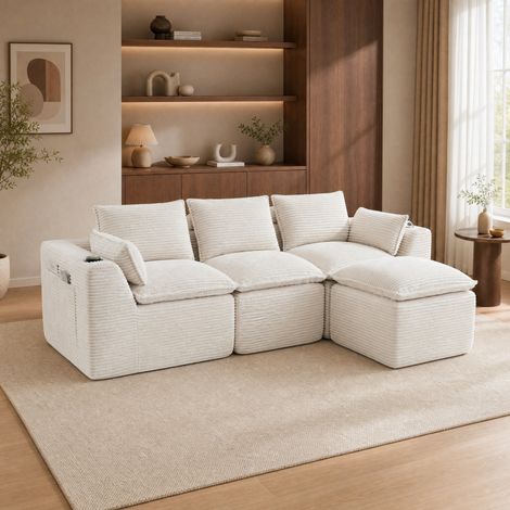 Canapé d'angle modulable 3 places 256cm, Tissu velours côtelé, Canapé droit avec repose-pieds, poches latérales et porte-gobelet,beige (1/5)