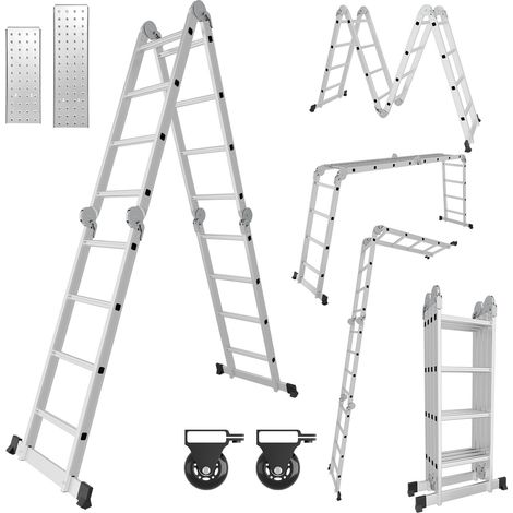 Randaco Escalera articulada multiusos 7 en 1 de aluminio, 4x4 peldaños, aprox. 470 cm / 4,7 m, plegable, 2 plataformas + 2 ruedas, carga máxima 150 kg (1/5)