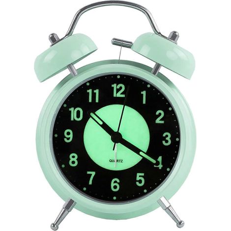 Réveil lumineux 4 pouces, réveil à quartz analogique rétro sans ticket à double sonnerie avec alarme sonore et veilleuse, boîtier en métal (vert), 2024 Ping (1/5)