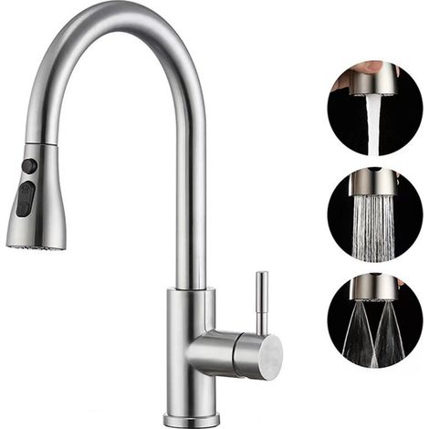 Robinet Cuisine avec Douchette Extractible, Mitigeur Cuisine Acier Inoxydable 304, Haut Bec Robinetterie Evier Rotatif à 360° en 3 Modes de Réglage, Finition Brossée, Froid & Chaud Disponible (1/5)