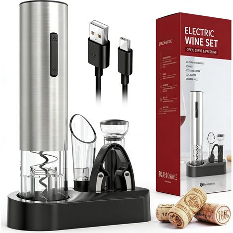Tire-bouchon électrique, ensemble ouvre-bouteille de vin, ouvre-bouteille automatique, tire-bouchon à vin avec coupe-capsule, idée cadeau 6-en-1 ouvre-bouteille de vin, câble USB, pompe à vide et (1/5)