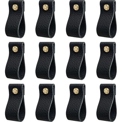 Poignee de meuble cuisine, lot de 12 poignée meuble en cuir, poignée de porte avec écrous vis, anti-collision bouton de porte de armoire tiroir commodes, Beau cadeau, noir (1/5)