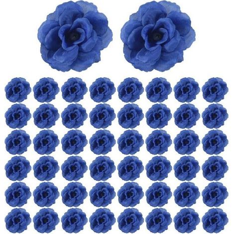 Fleurs Artificielles en Soie Rose TêTes de Fleurs, 50 PièCes pour la DéCoration D'Album VêTements Chapeau, Mariage (Bleu Foncé) (1/4)