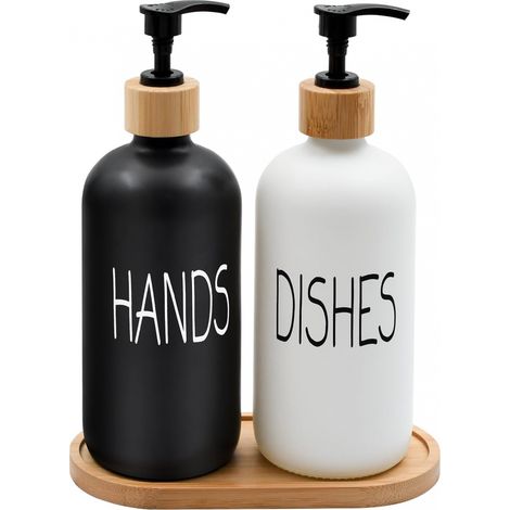 Spülmittelspender-Set mit Holzablage (schwarze Handseife und weißes Spülmittel), Küchenspender-Set, mattes Spender-Set für Handseife und Spülmittel – AquaForge (1/5)