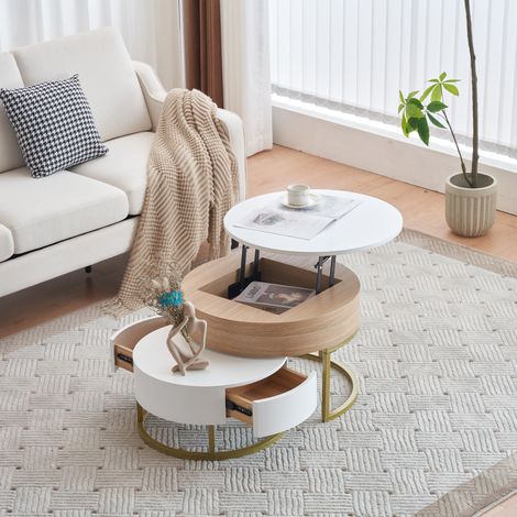 Hauss Spole – Table basse gigogne 2-en-1 – Dimensions 70x70x42/56,5 + 60x60x24cm – 2 tiroirs – MDF blanc et couleur bois (1/5)