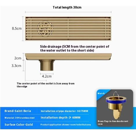 (8.5cmx30cmB) Golden Bamboo Row High-End Bathroom Shower Floor Drain Six-Proof Grille Extended Linear Stainless Steel Long Floor Drain (1/4)