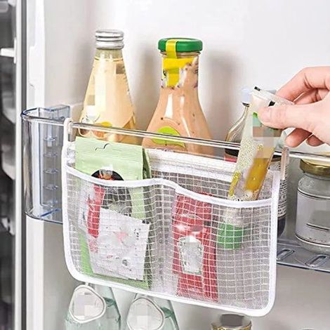 Organisateur de réfrigérateur – Filet de rangement – Sac de rangement suspendu – Double couche – Gain de place – Fixation murale – Blanc (1/4)