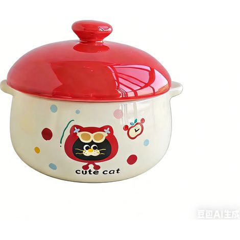 Bol à soupe miniature en céramique à double anse et couvercle (Apple Cat, 12,7 cm), motif chat aux pommes