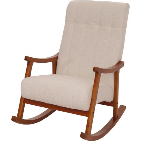 Sedia a dondolo HHG-862, poltrona relax, legno FSC stoffa/tessuto bouclé (450g/m²), beige, color noce