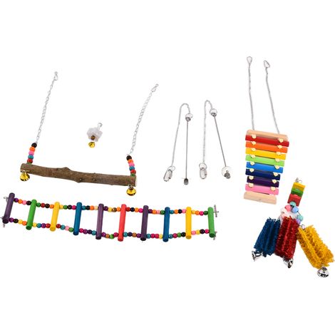 Lot de 6 jouets pour poules : xylophone en bois, balançoire, porte-légumes et fruits. (1/5)