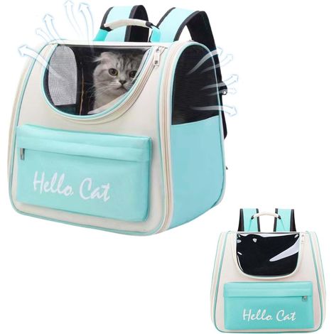 Sac à dos de transport pour chat et petit chien, sac de voyage respirant et pliable, idéal pour randonnée et sorties, dimensions 37x34x25 cm, bleu clair (1/5)