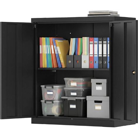 Caisson de bureau verrouillable avec 2 portes et étagère réglable 80 x 40 x 90 cm style moderne en acier noir mat (1/2)