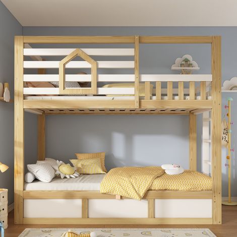 Lit superposé enfant 90x200cm blanc bois naturel forme cabane, garde-corps fenêtre échelle, rangement hydraulique (sans matelas) (1/5)